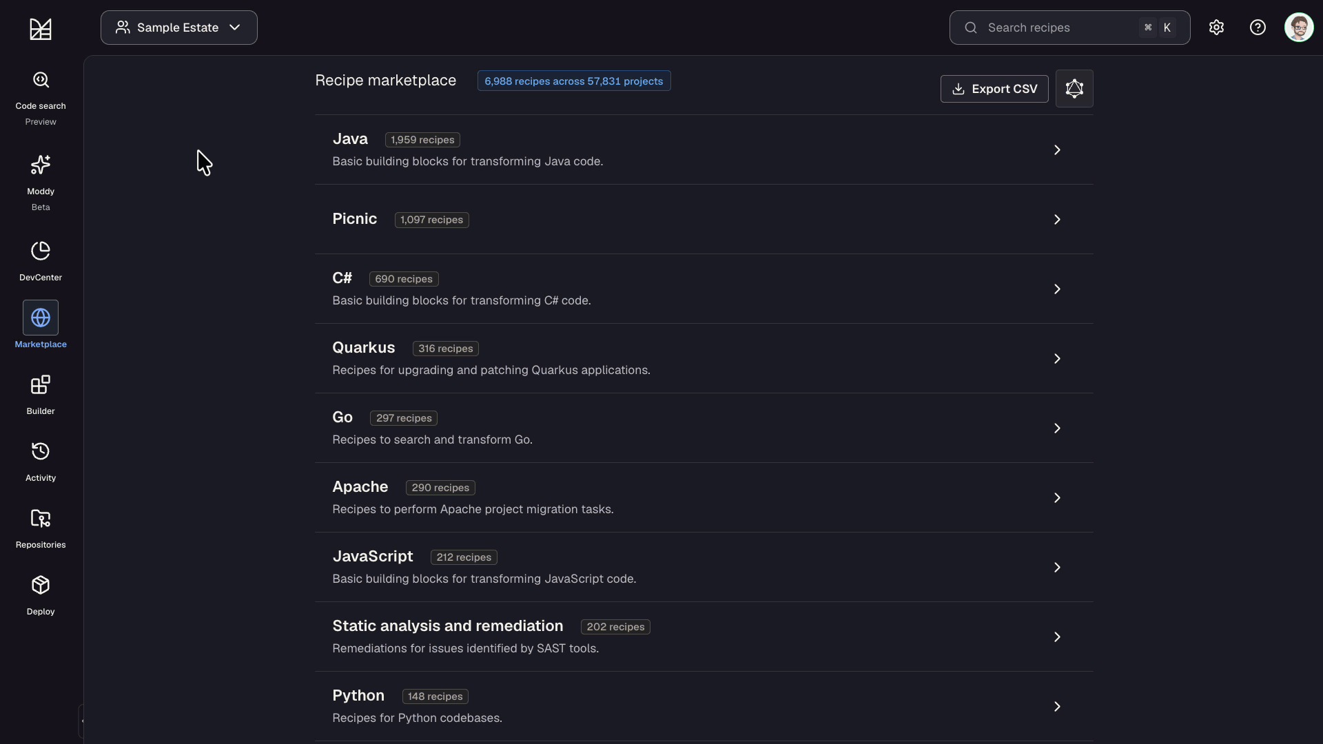 Navigating to the code search page