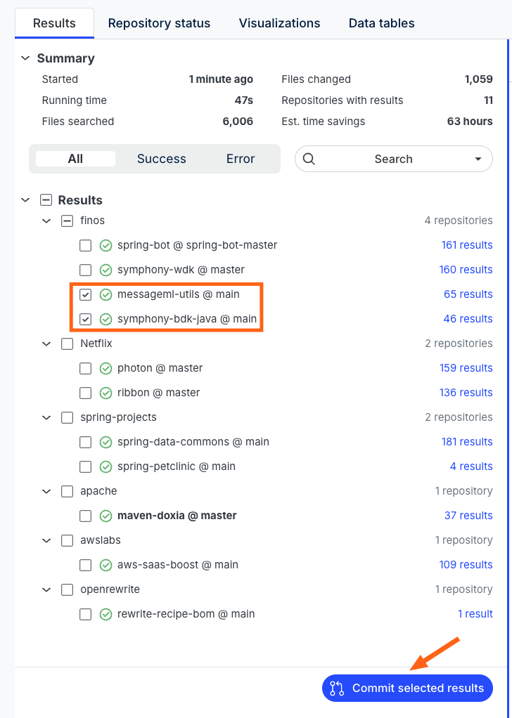 Repositories selected to commit changes on