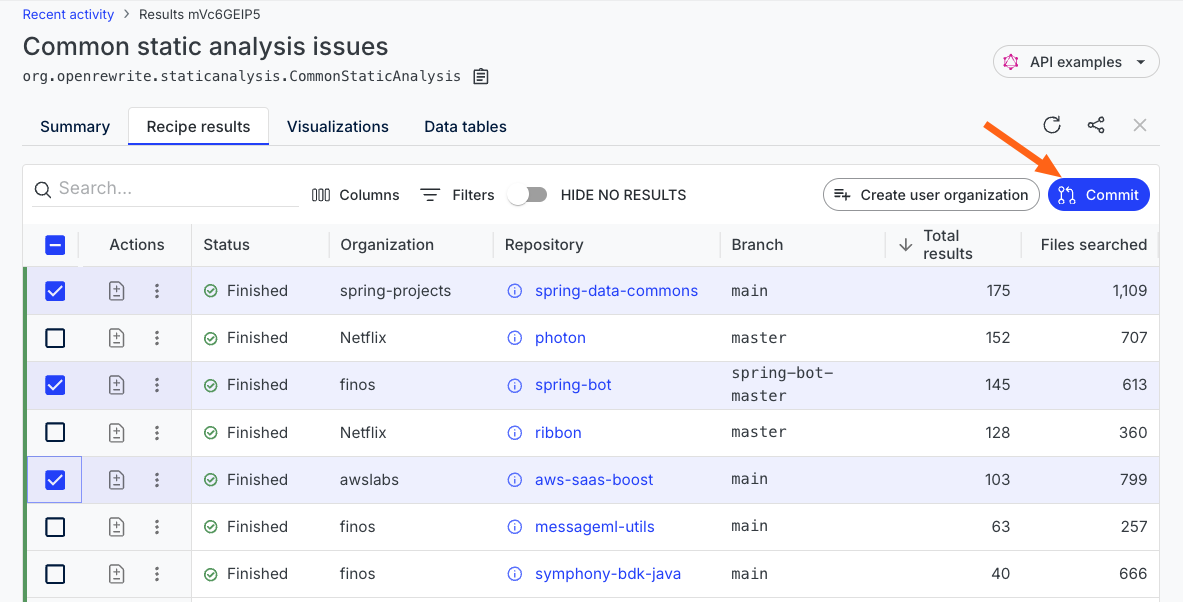 Repositories selected to commit changes on