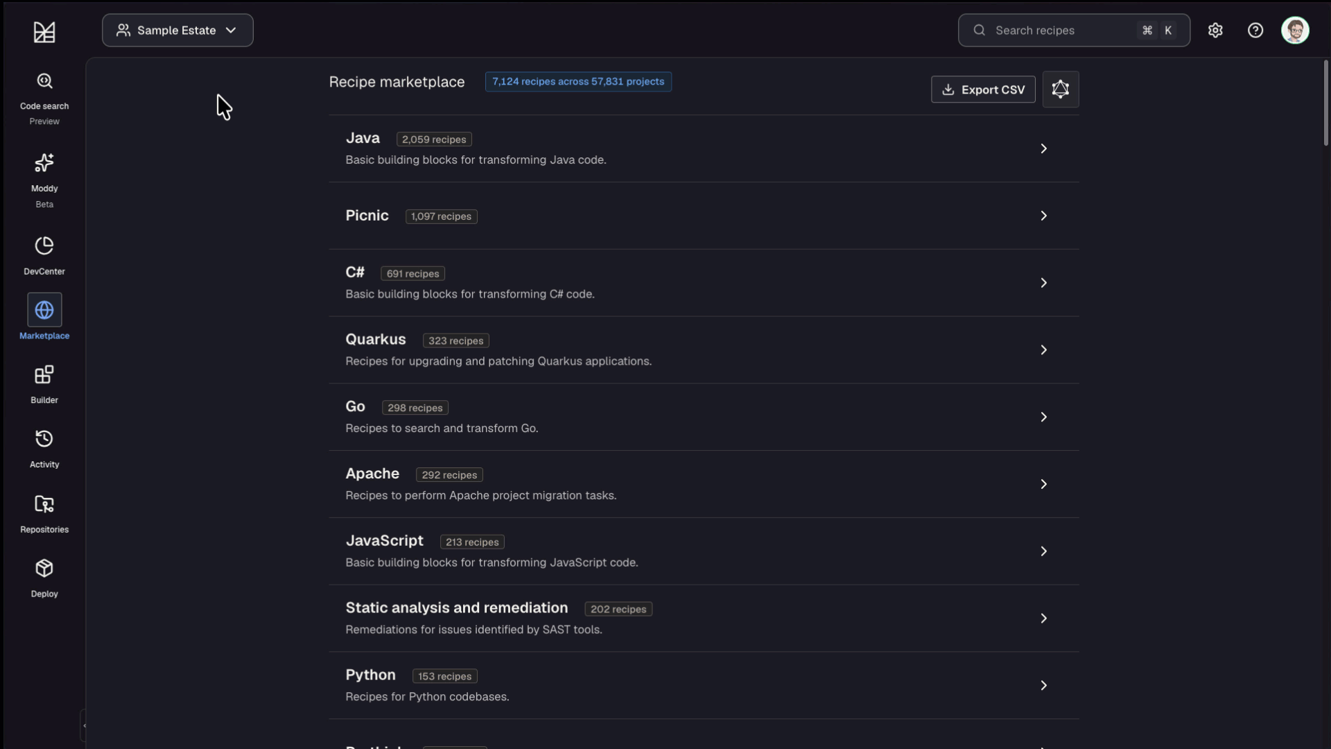 Navigating to Code Search and searching for code