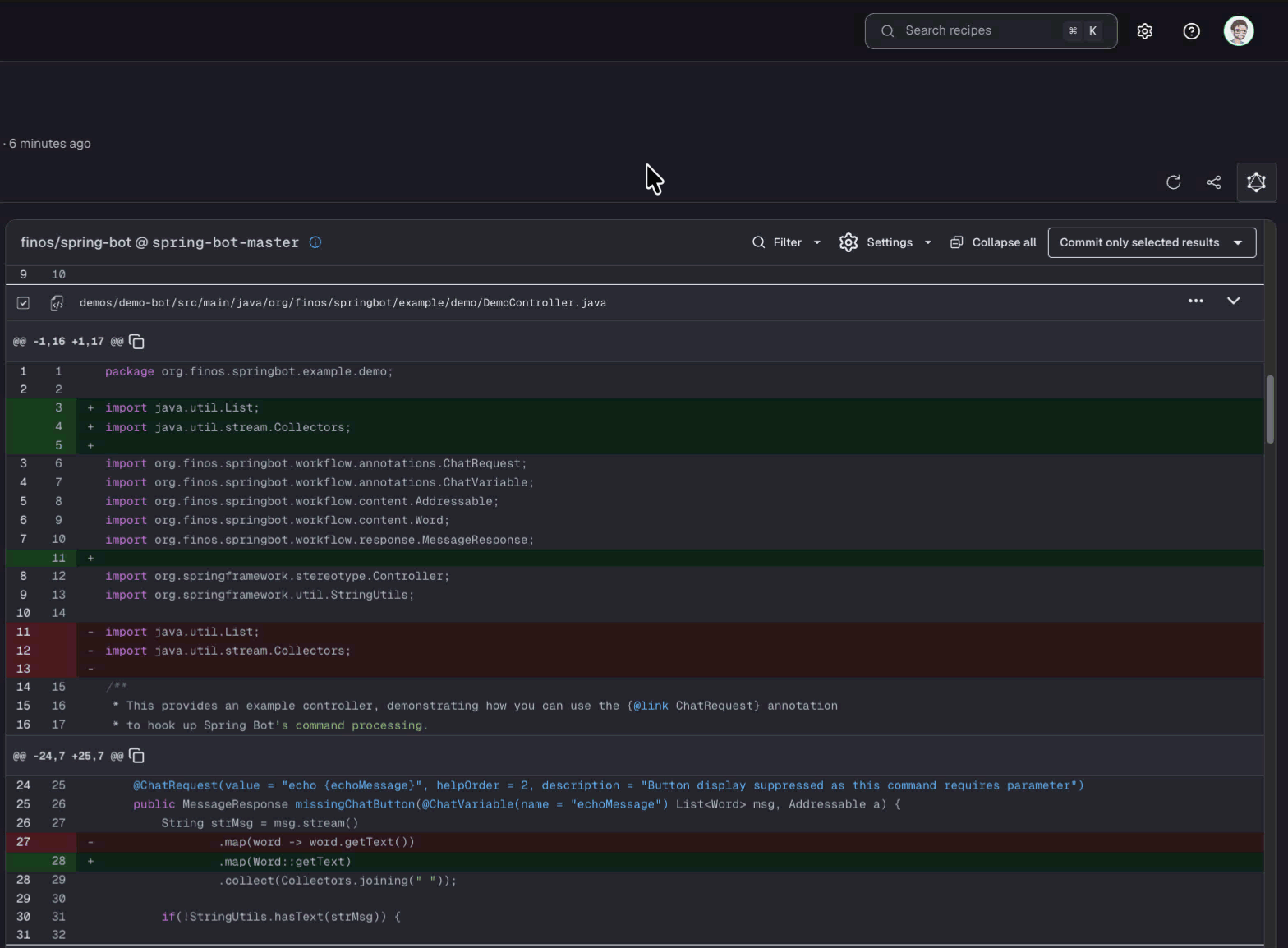 Animated demo of viewing why a specific code change was made