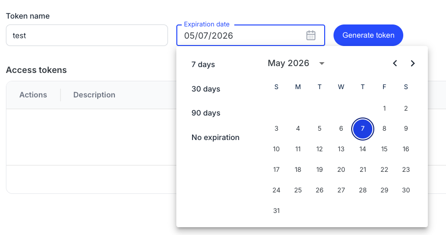 Access token creation form with expiration duration dropdown options