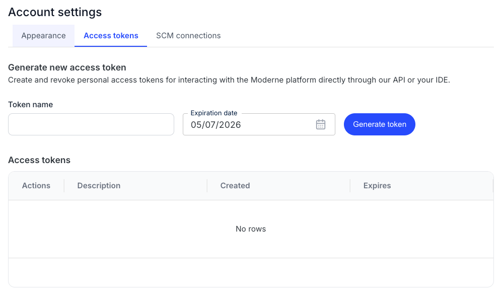 Access Tokens page with token name input, expiration selector, and Generate button