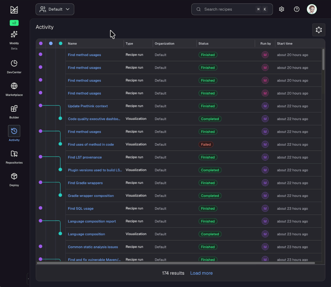 Clicking an activity name to navigate to the recipe run details page