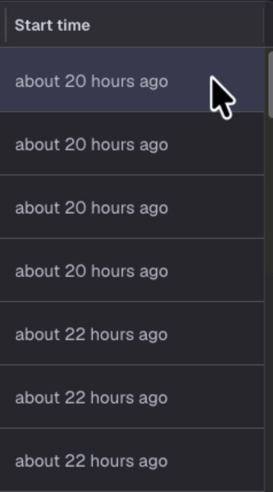 Start time column showing relative timestamps that can be clicked to cycle formats