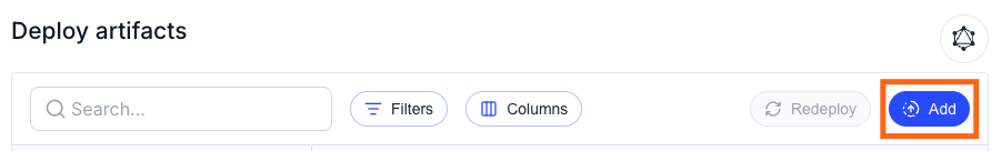 Deploy artifacts page with Add button highlighted