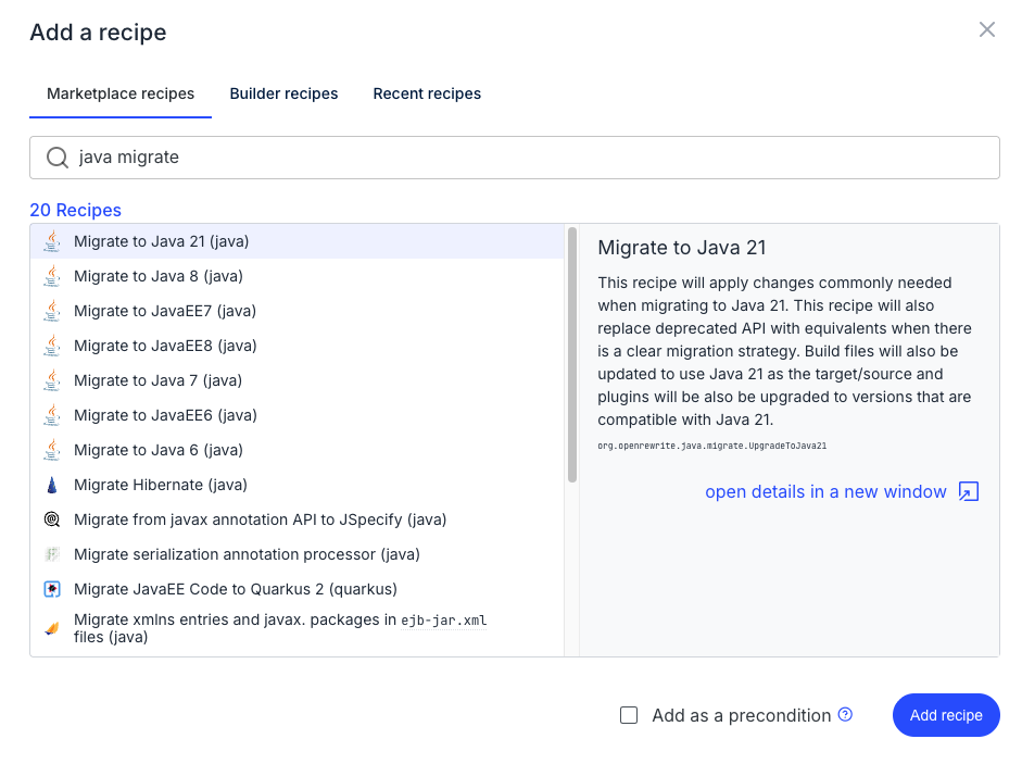 Add recipe modal with search field, recipe list, and precondition checkbox