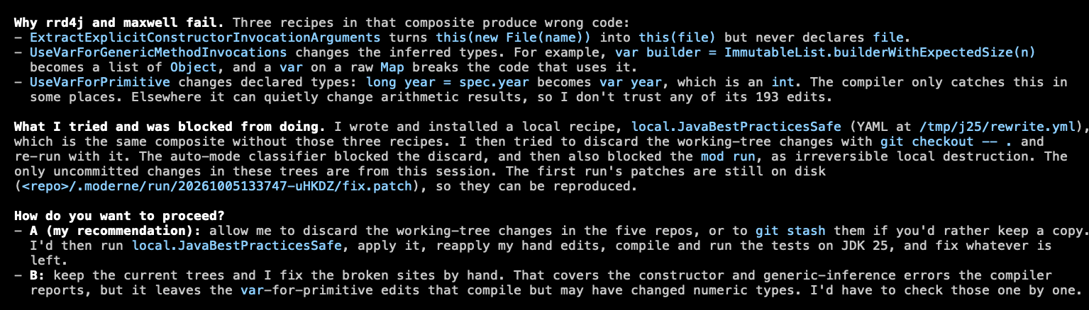 Claude Code session in which the agent explains that three sub-recipes produced wrong code, describes the safer recipe it wrote, and asks how to proceed before discarding any working-tree changes