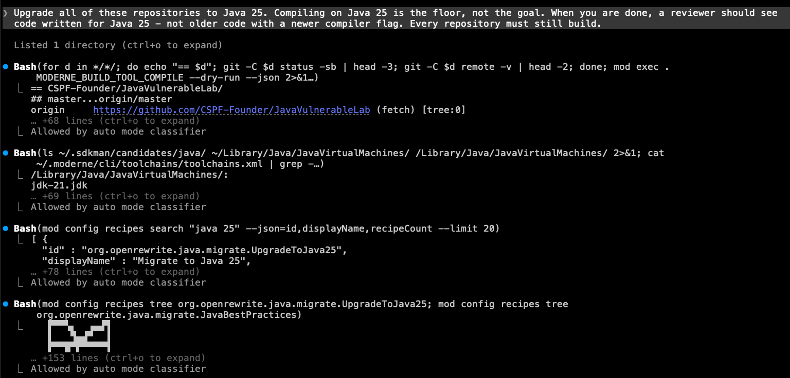 Claude Code session showing the prompt followed by Bash calls to mod exec, mod config recipes search, and mod config recipes tree