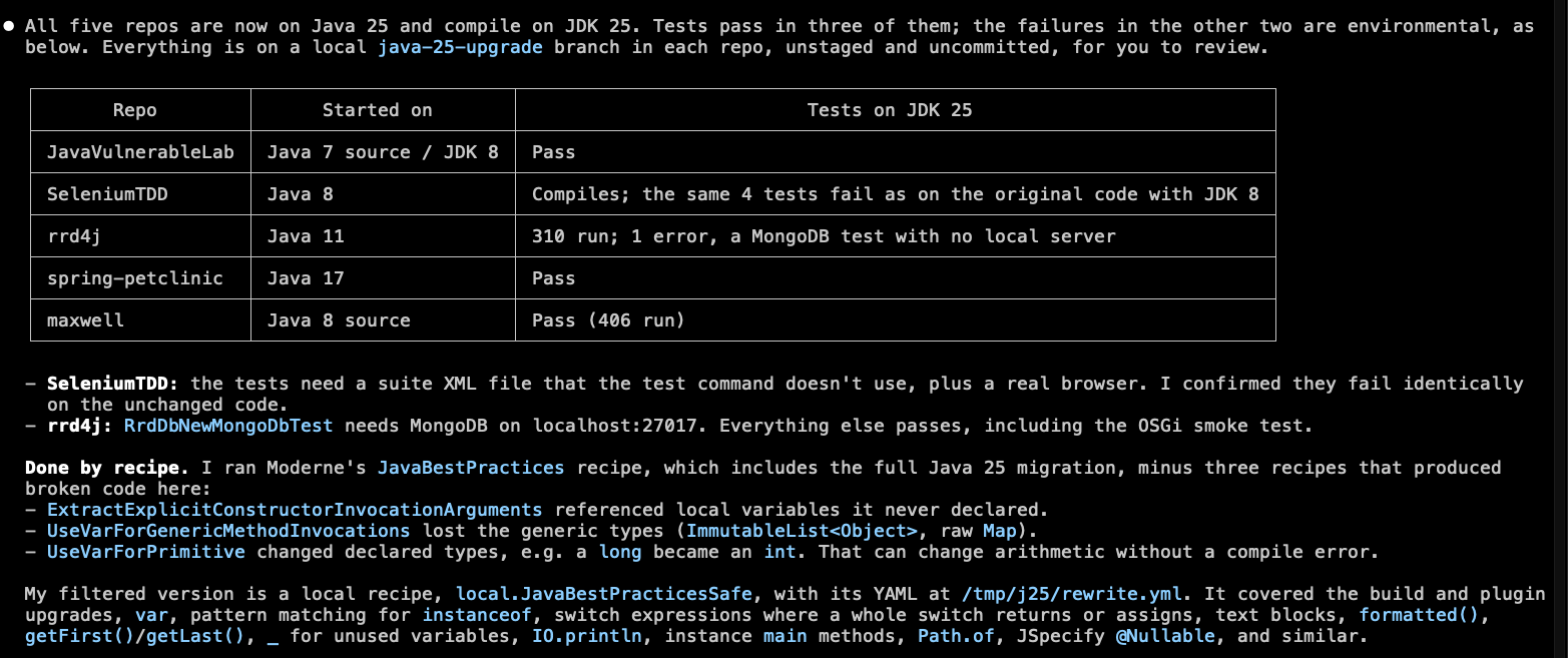 Claude Code session showing the agent's final report with a per-repository table of build results before and after the Java 25 upgrade
