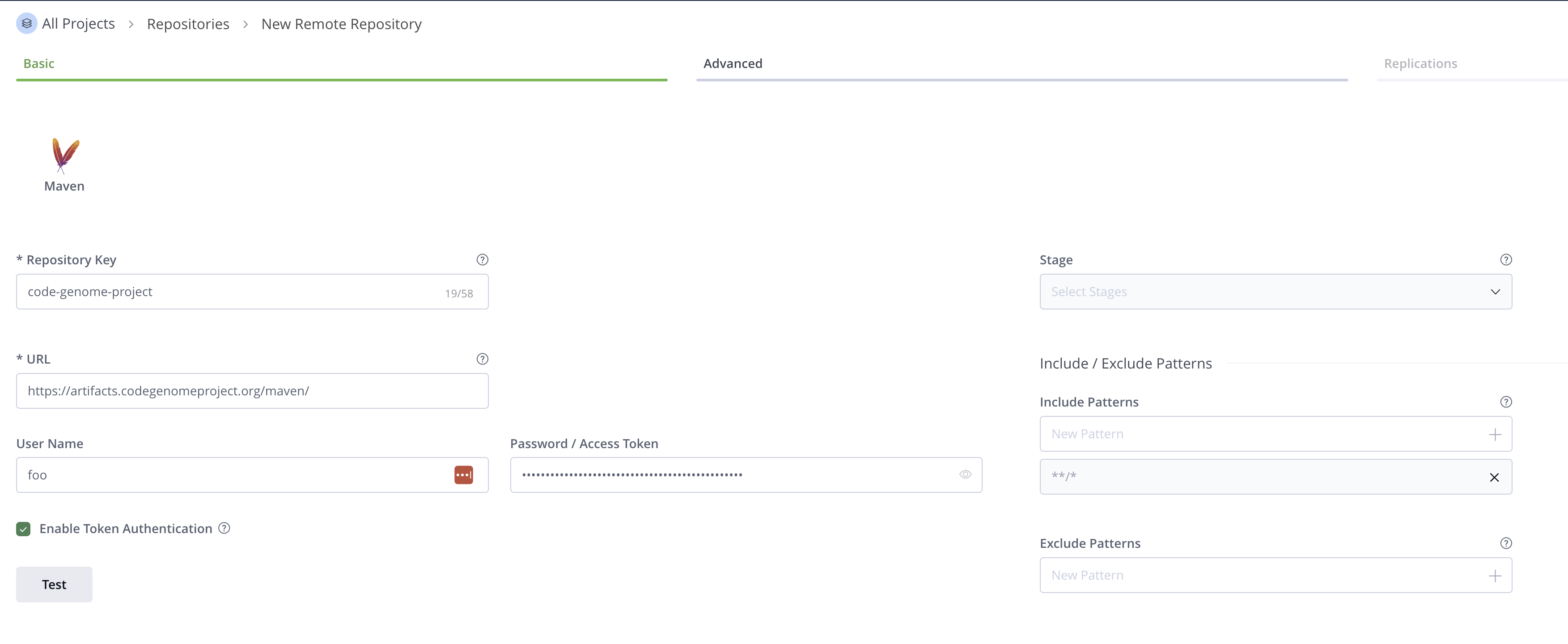Artifactory new remote repository form with the repository key set to code-genome-project, the URL set to the Code Genome Project Maven repository, and a username and access token filled in