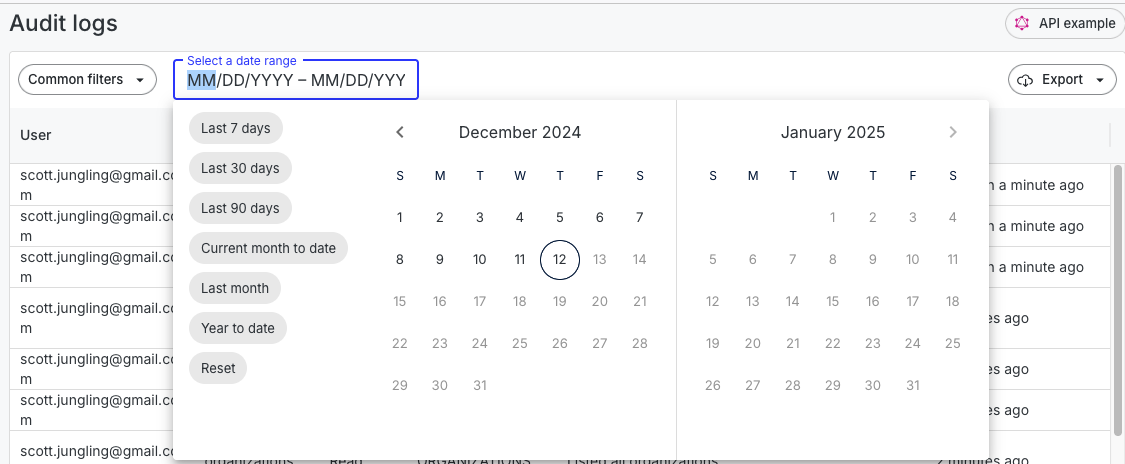 audit log date range