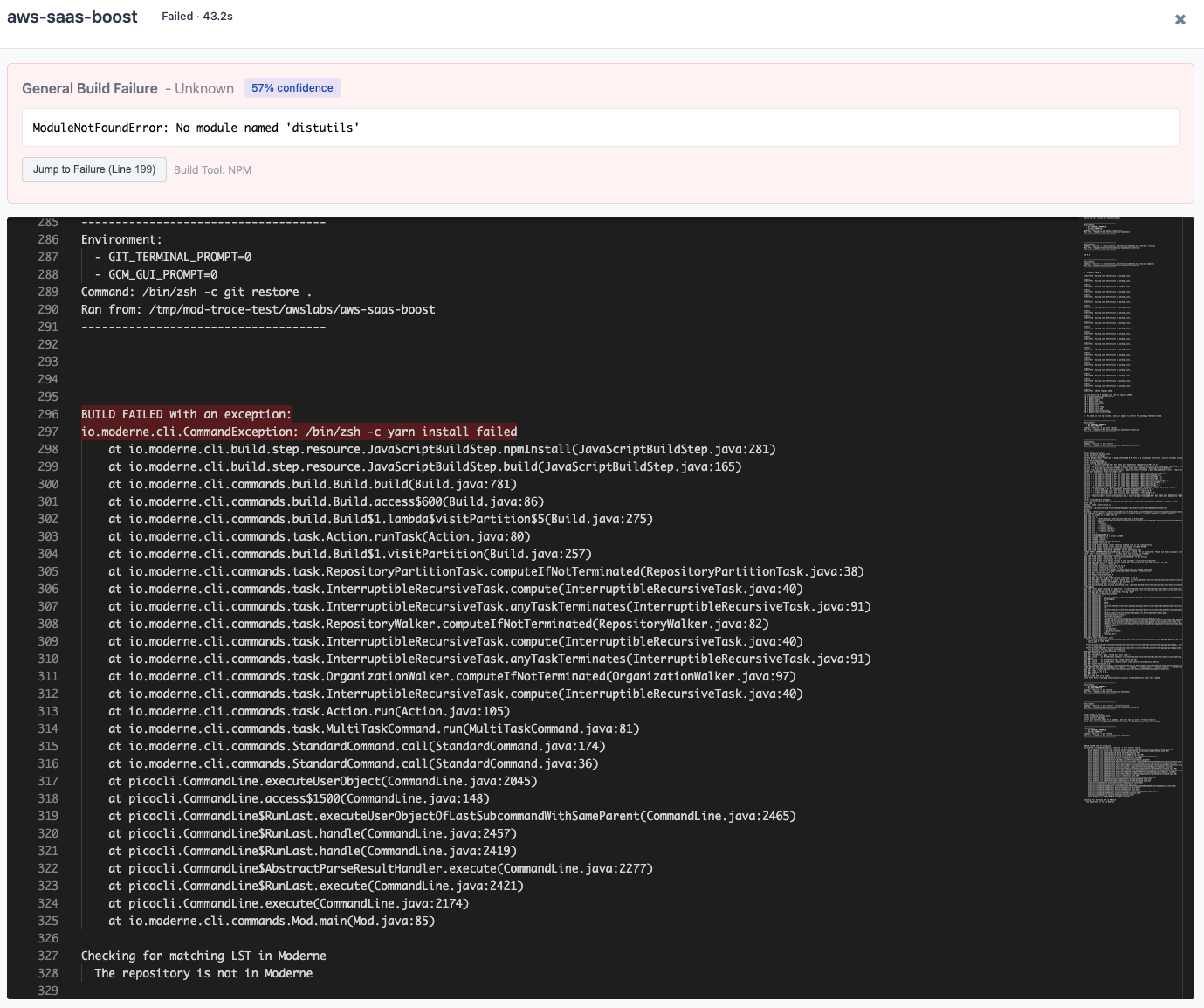 Log viewer modal showing failure analysis summary at the top and full build log below
