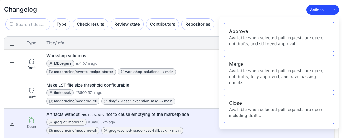 Actions dropdown showing Approve, Merge, and Close options with descriptions of when each is available