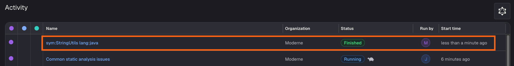 The activity view listing a saved code search named sym lang with a Finished status