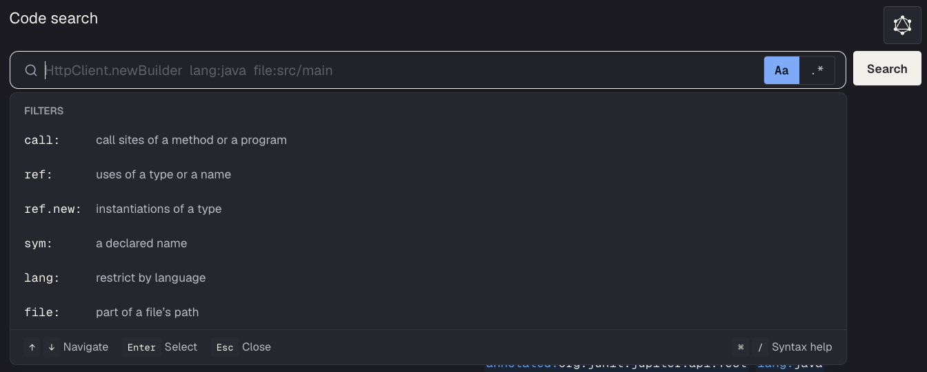 Code search box with filters