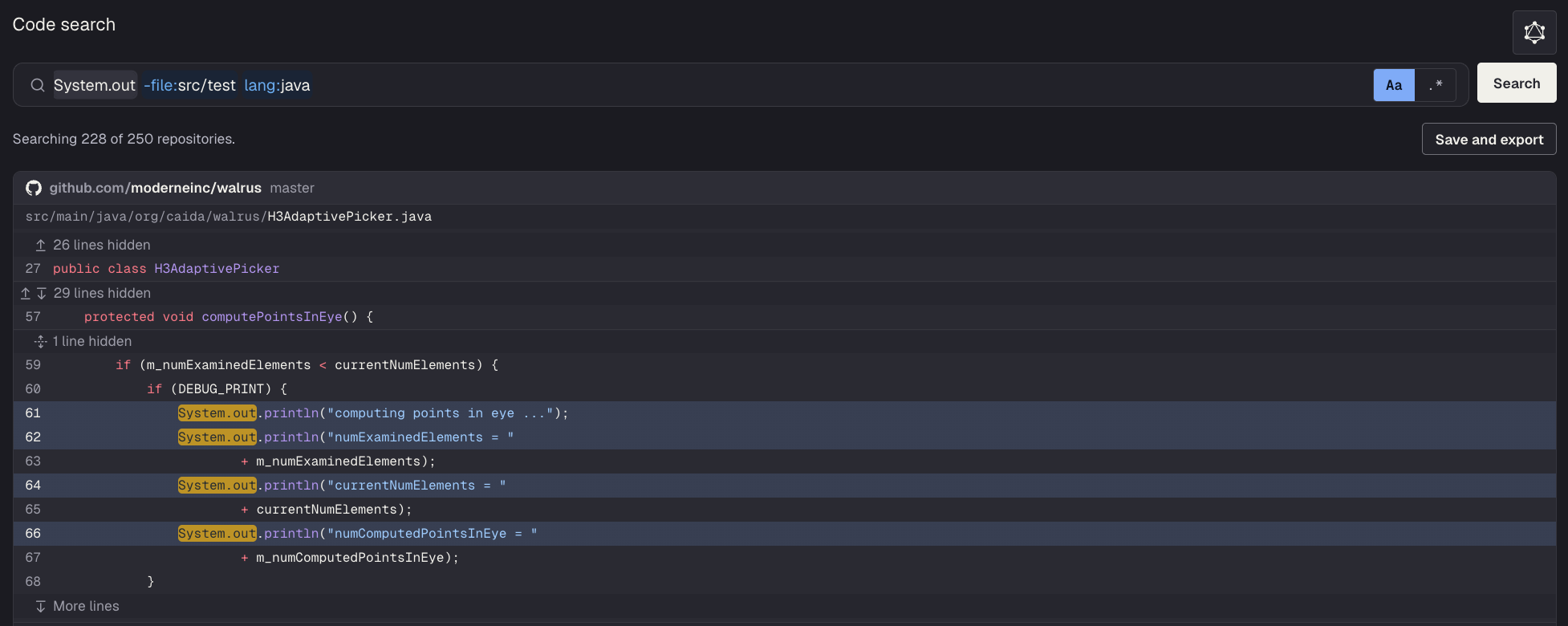 Search results for System.out outside test directories, showing a matched file with highlighted lines