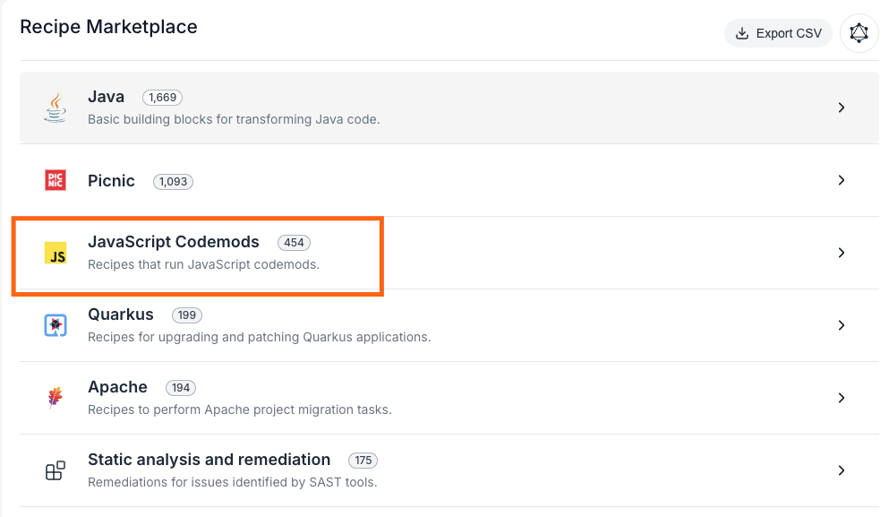 Marketplace showing the JavaScript Codemods category highlighted among recipe groups