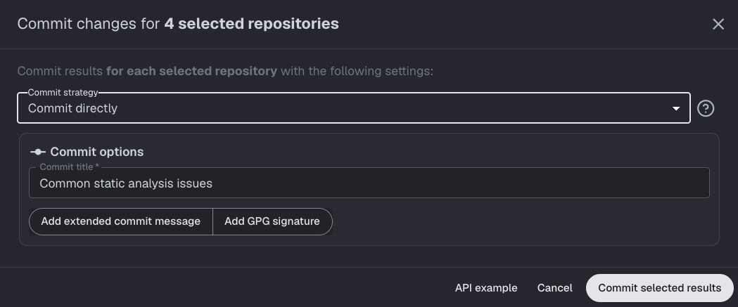 Commit modal with strategy dropdown, commit title, and commit options