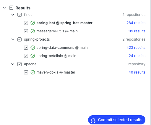 Recipe results list with repositories selected and Commit selected results button