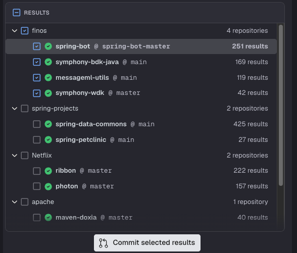 Recipe results list with repositories selected and Commit selected results button