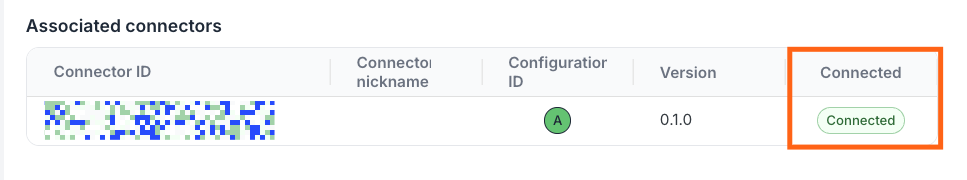 Associated Connectors table with Connector ID, LST query ID, Version, and Connected columns showing green checkmarks