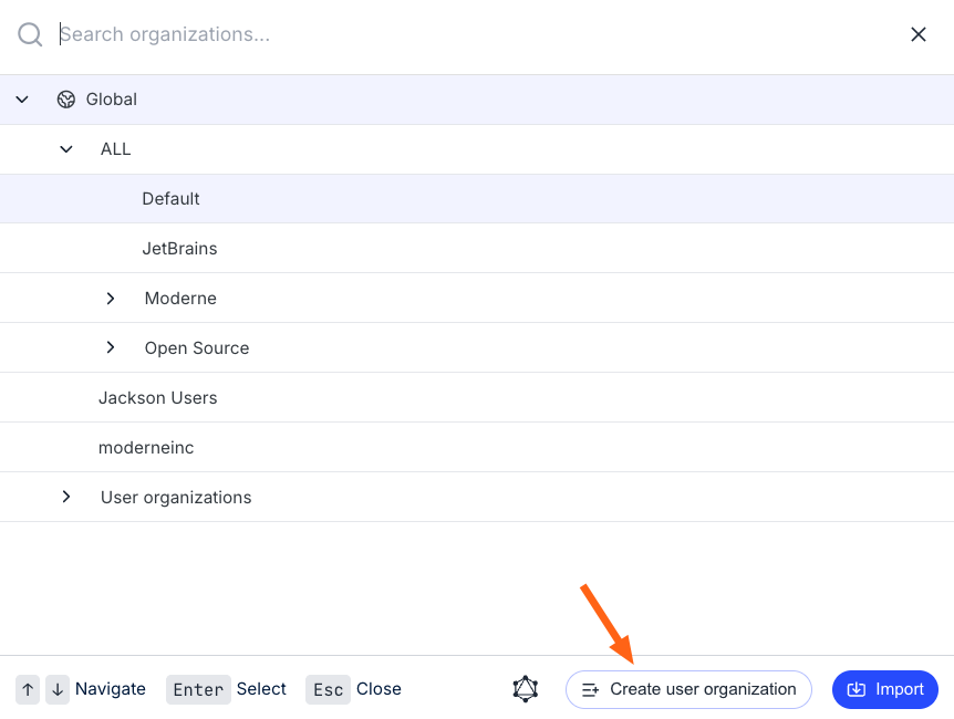 Organizations modal with arrow pointing to Create user organization button