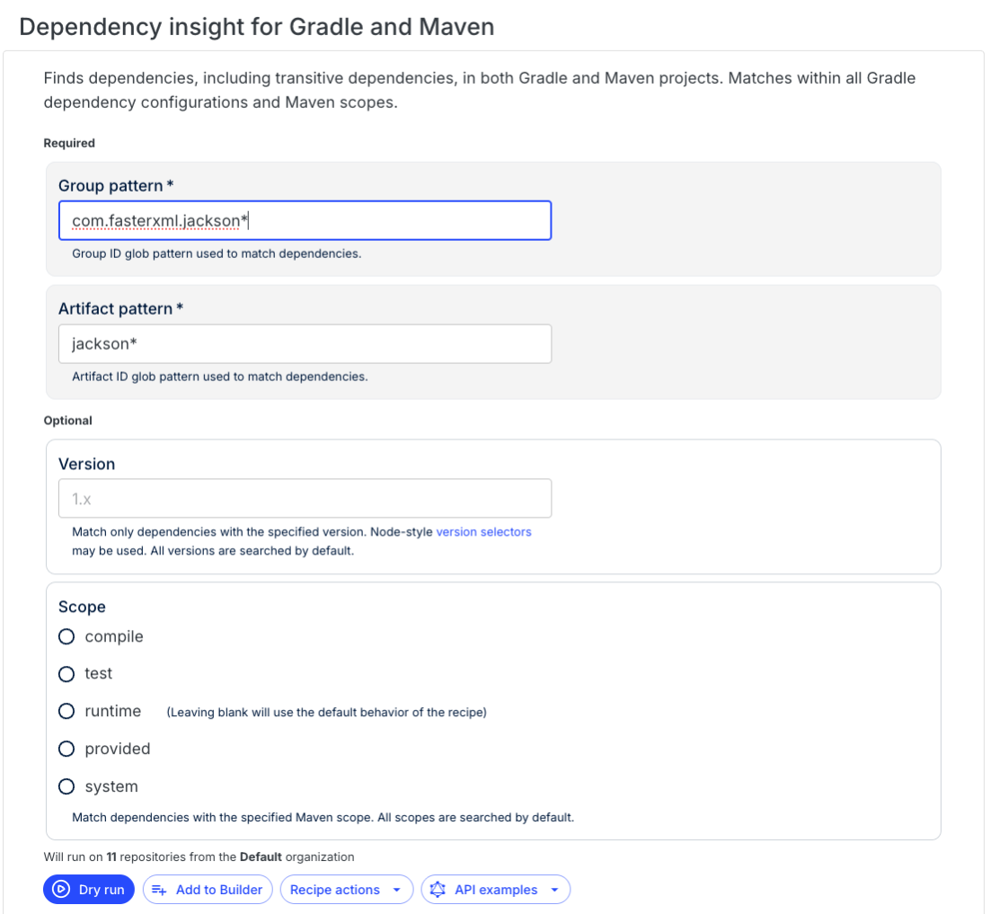 Dependency insight recipe configuration