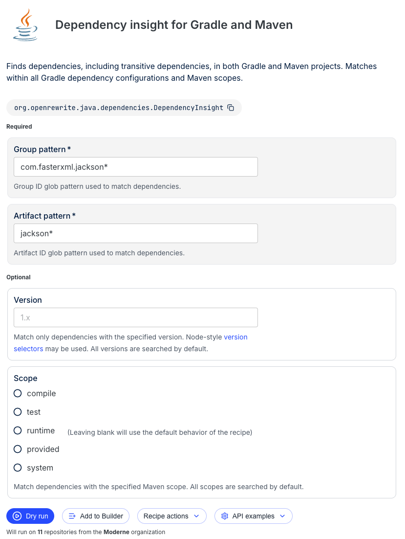 Dependency insight recipe configuration