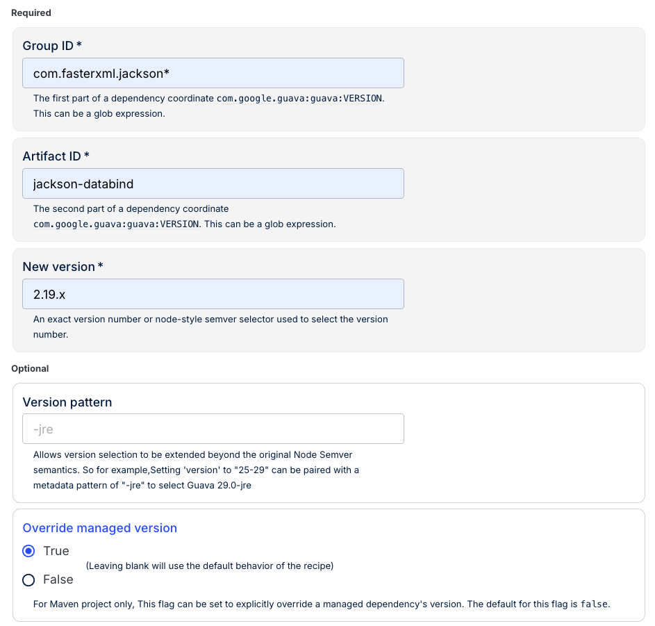 Upgrade dependency version recipe configuration