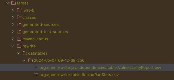 IDE file tree showing the target/rewrite/datatables folder with a timestamped subfolder containing two generated CSV data tables