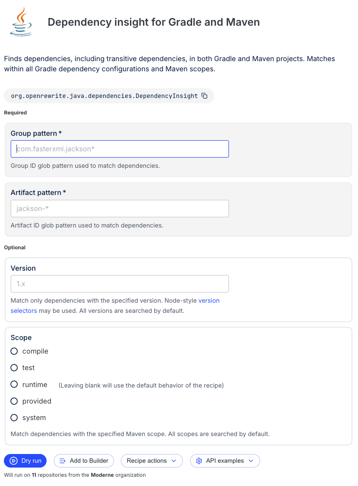 Dependency insight recipe form with group pattern, artifact pattern, and version fields