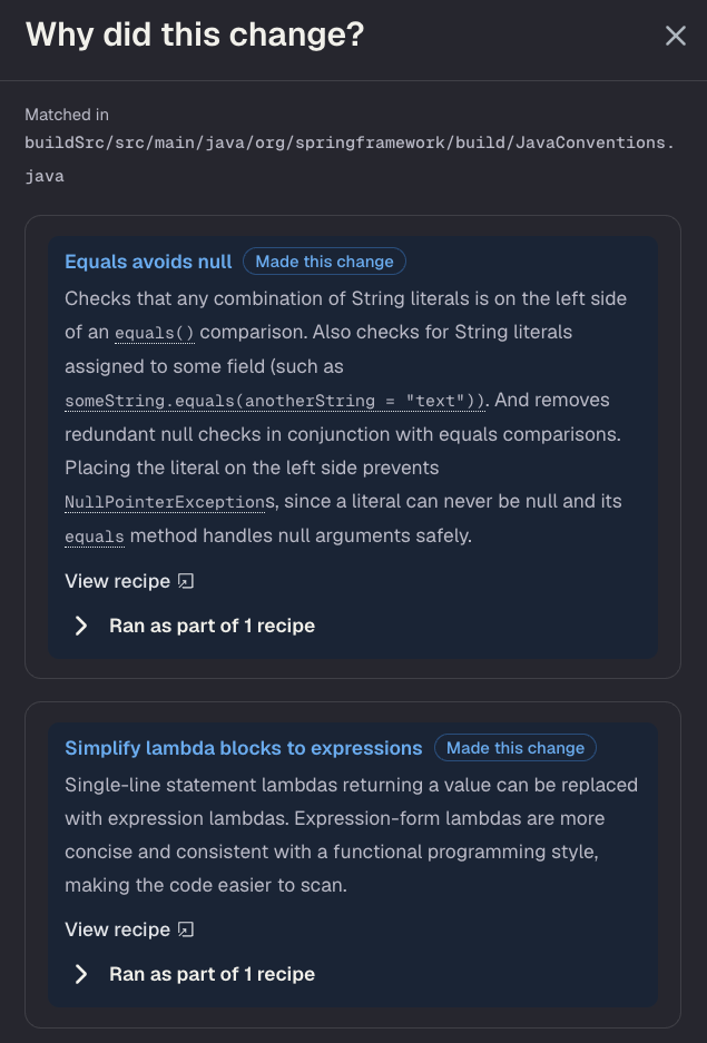 Dialog listing recipes that changed the file, such as Inline variable and Fix missing braces