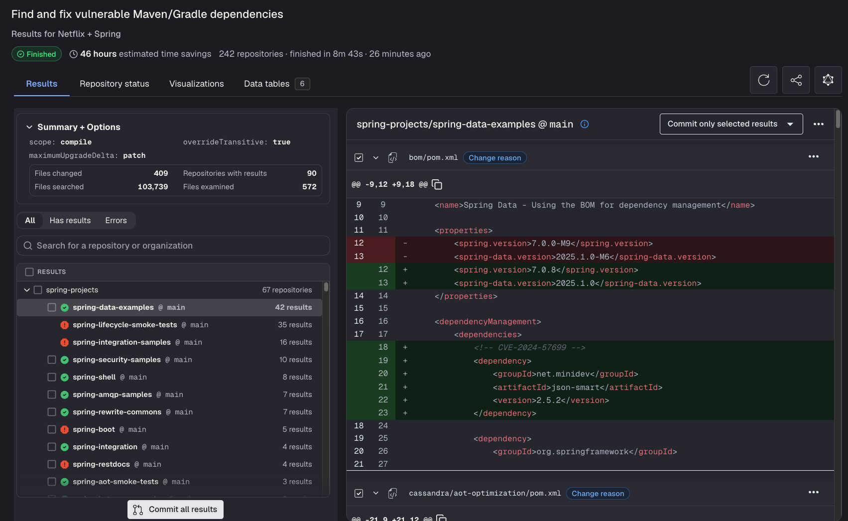 Find and fix vulnerable dependencies recipe results