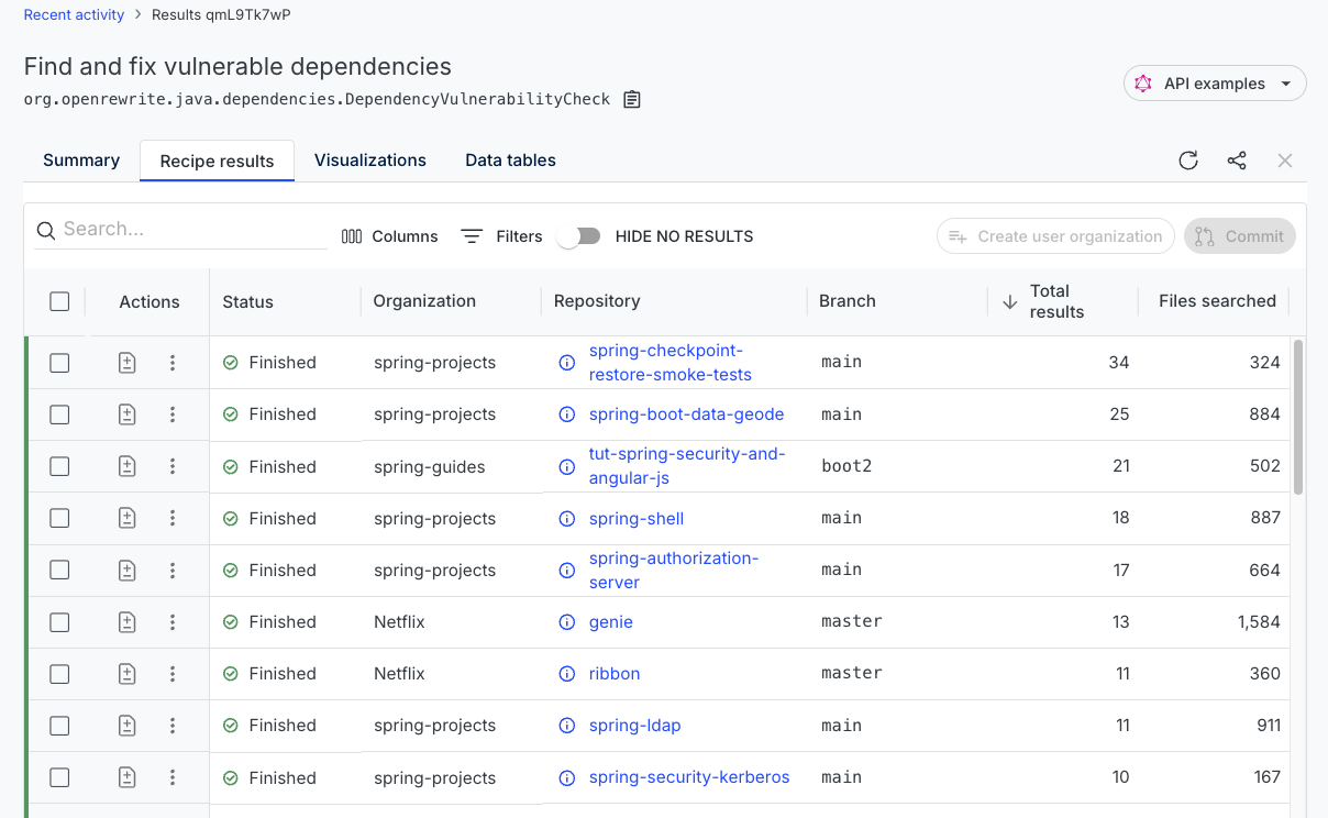 Find and fix vulnerable dependencies recipe results