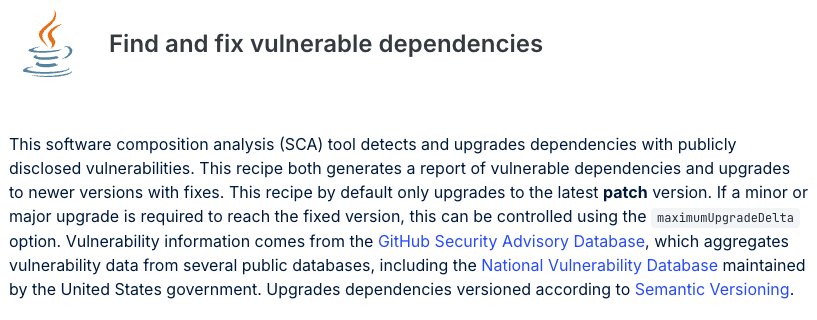 Find and fix vulnerable dependencies recipe page with description and options
