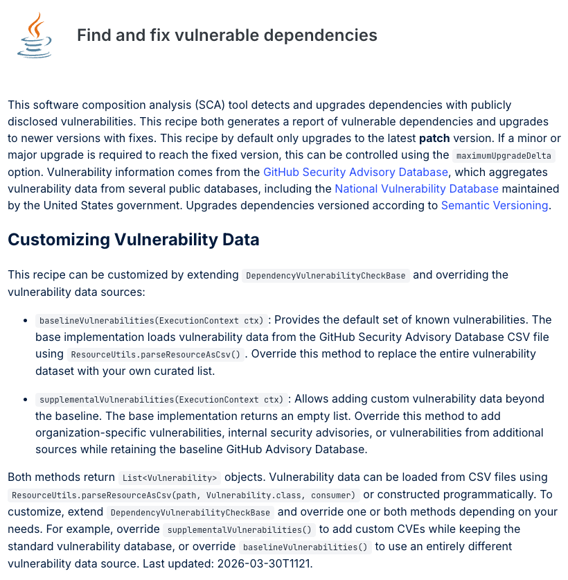 Find and fix vulnerable dependencies recipe