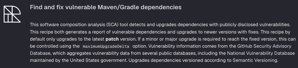 Find and fix vulnerable dependencies recipe page with description and options