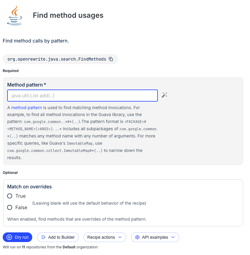 Find method usages recipe page with empty method pattern field