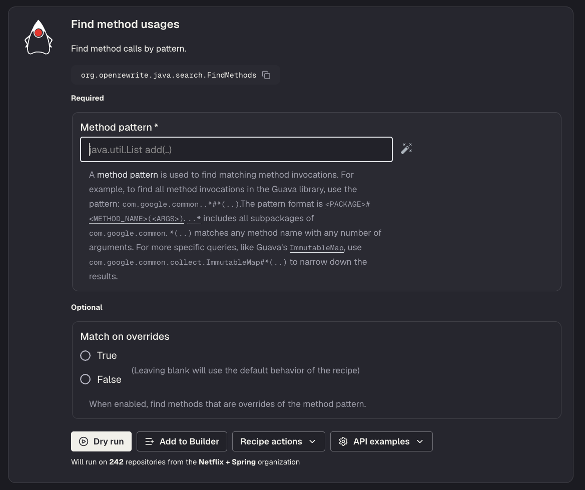 Find method usages recipe page with empty method pattern field