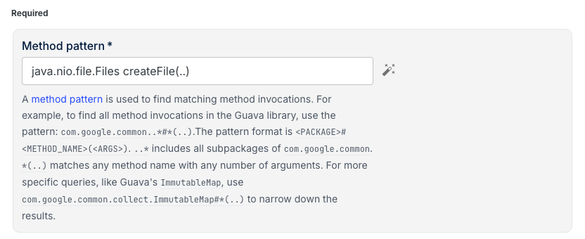 Find method usages recipe with completed method pattern for Files createFile