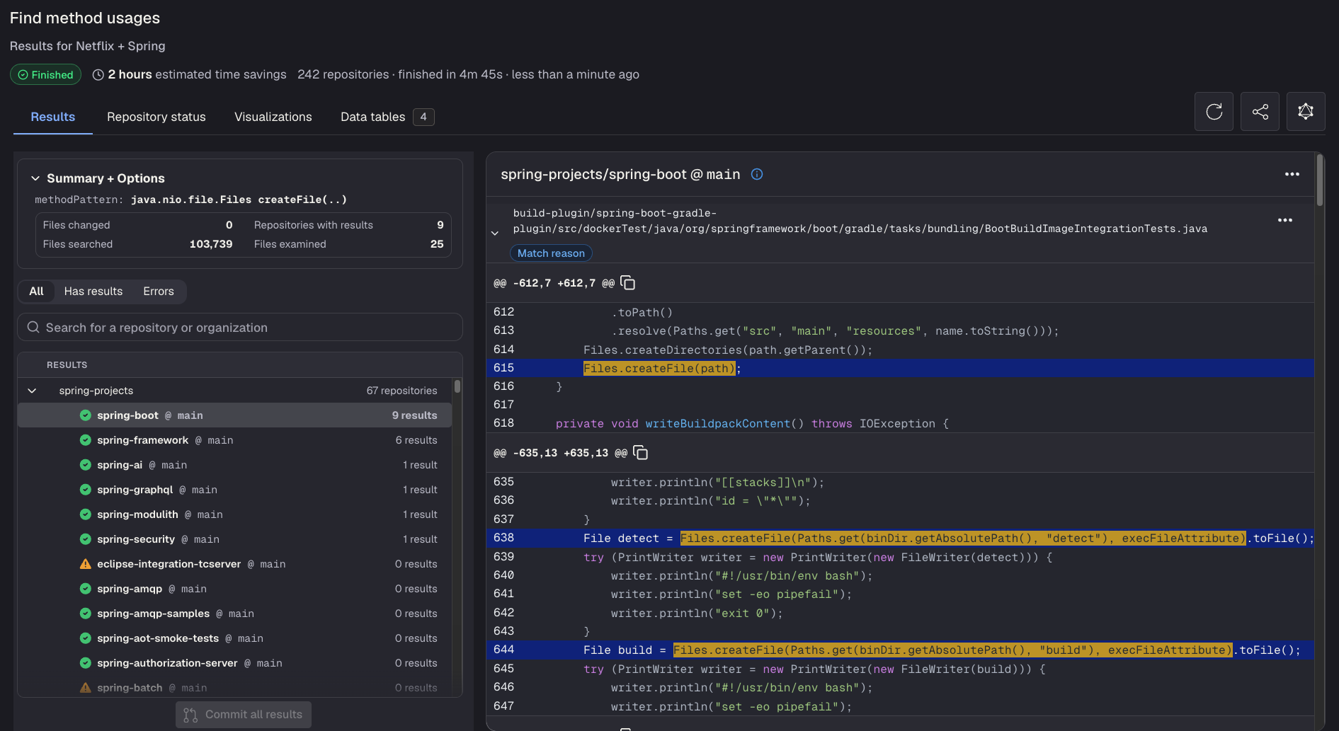 Dry run results showing matched Files.createFile usage with highlighted code diff