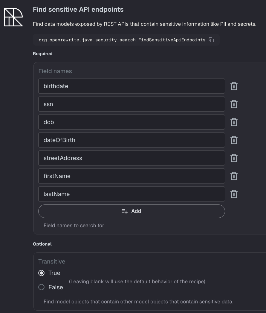 Find sensitive API endpoints recipe with PII field names configured