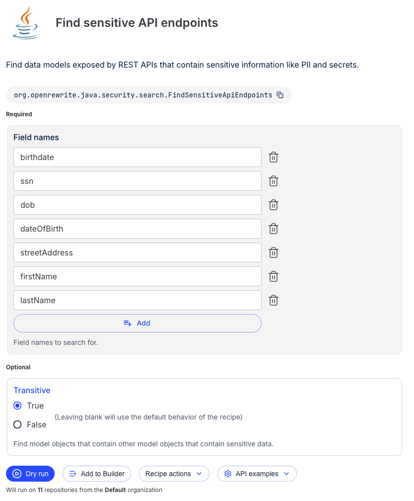 Find sensitive API endpoints recipe with PII field names configured