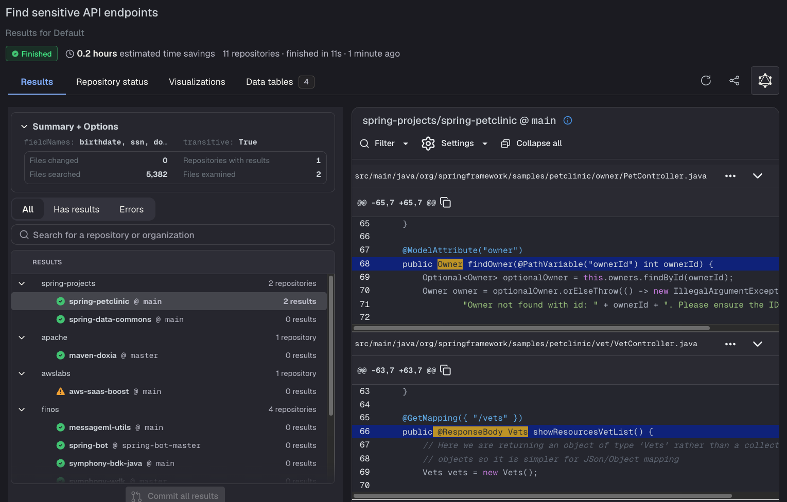 Recipe results showing repositories with sensitive API endpoints detected