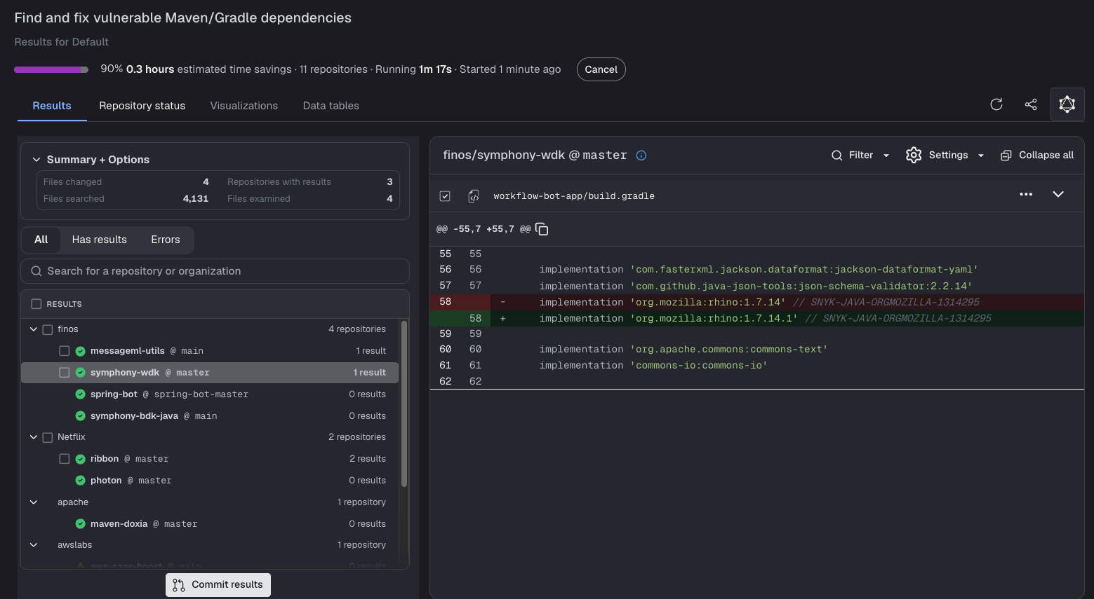 Recipe results showing a pom.xml diff upgrading netty-handler version to fix a vulnerability