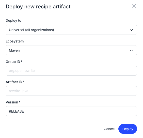 Deploy new recipe artifact form with Group ID, Artifact ID, and Version fields
