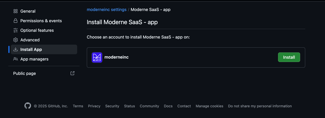GitHub App install page showing available accounts