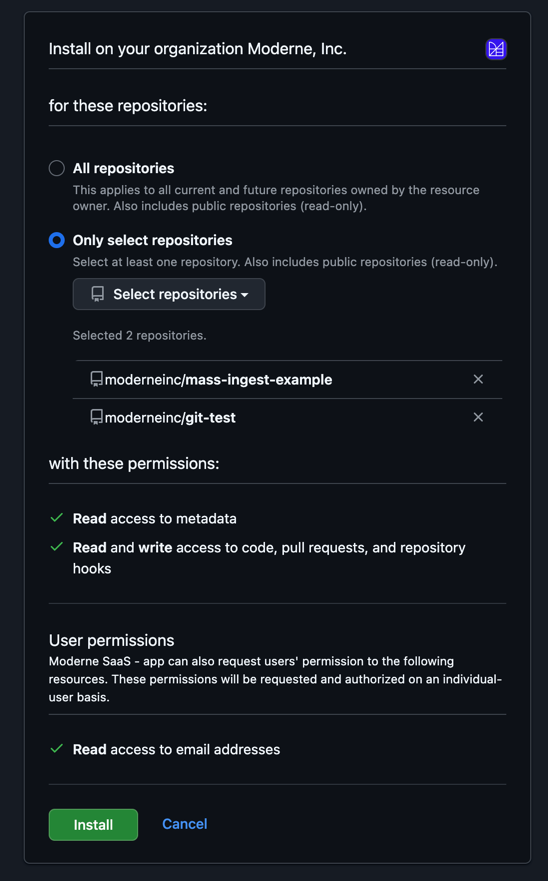 GitHub App installation showing repository selection options