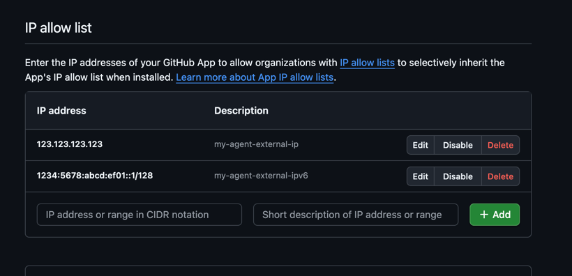 GitHub App IP allow list configuration